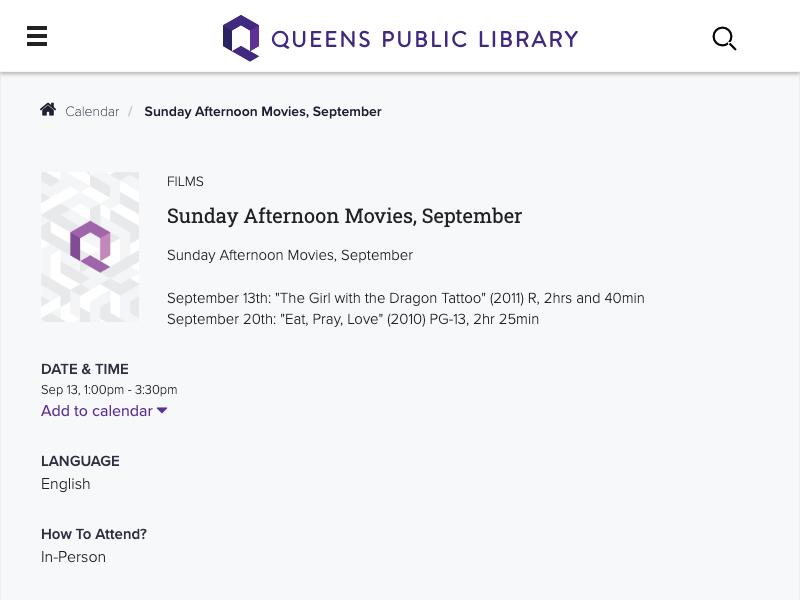 Sunday Afternoon Movies, September